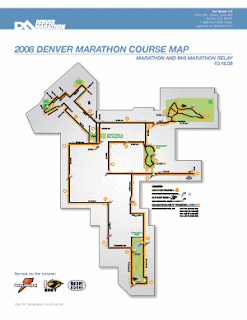 2008 Denver Marathon course map with route lines, turns, and landmarks on a white background