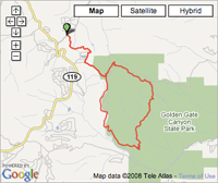 Google Maps view of a red route near Golden Gate Canyon State Park, with map and satellite tabs visible