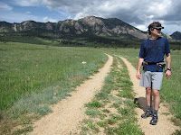 A person wearing a blue shirt and shorts stands on a dirt trail in a grassy field with a large mountain in the background.