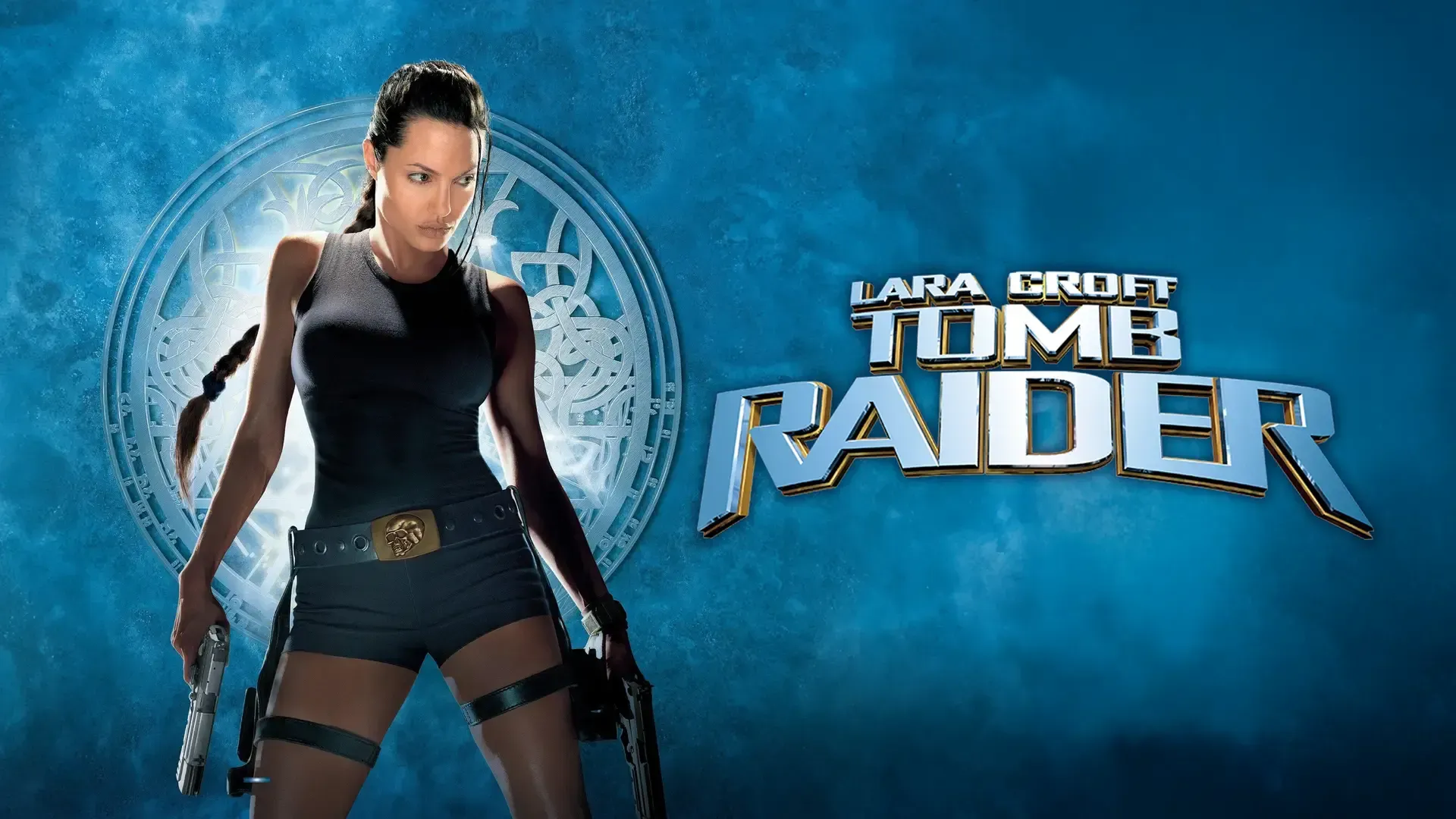 Lara Croft, from Tomb Raider, stands with guns, on a blue background. The title logo is visible on the right.