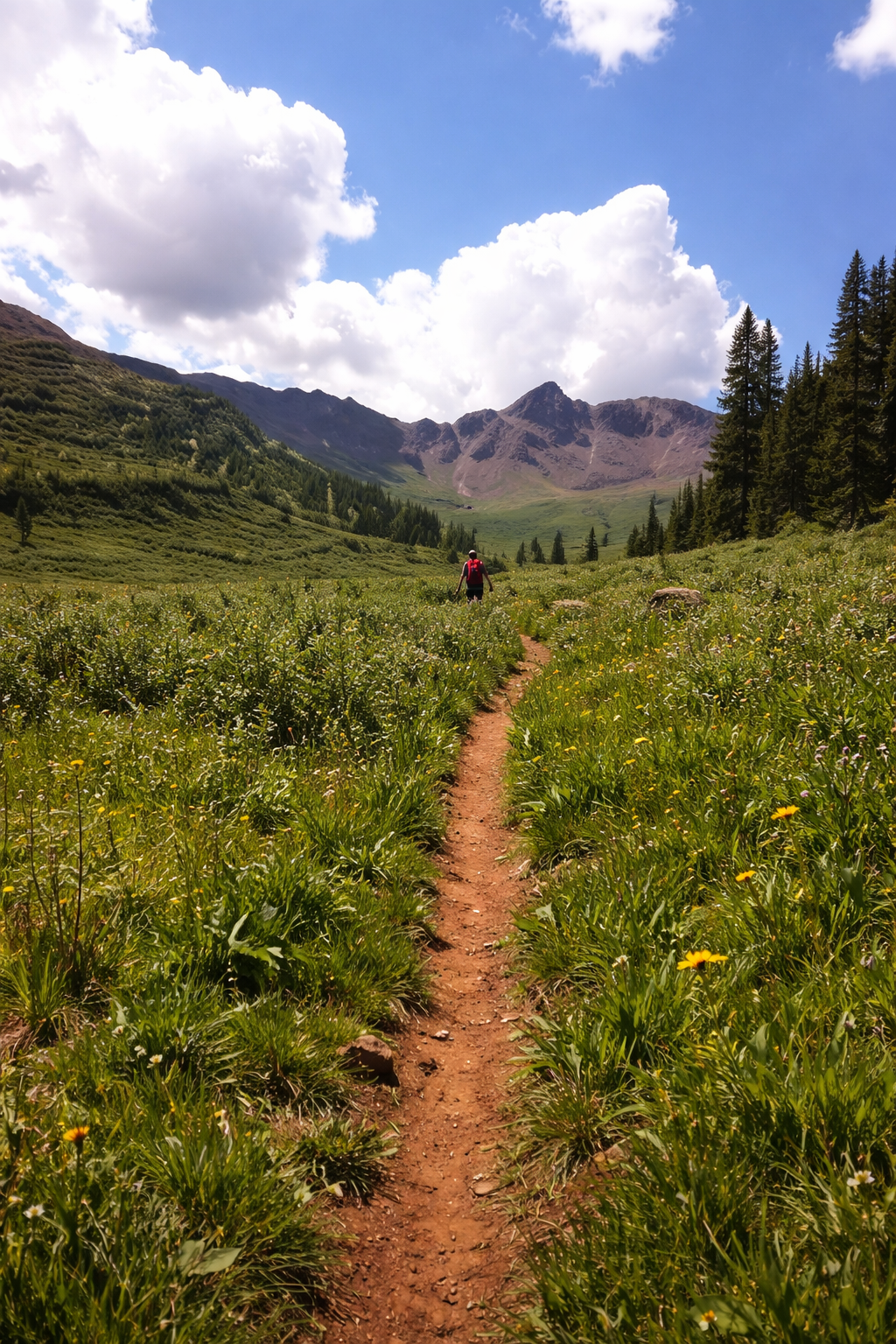 A narrow dirt trail winds through a green meadow towards distant mountains under a blue sky.