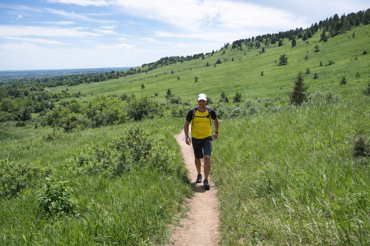 A person wearing a bright yellow shirt and dark shorts jogs along a narrow dirt trail in a lush, green grassy hillside.
