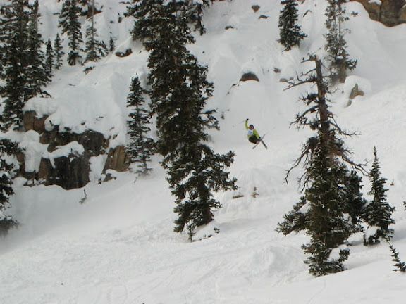 Skier in yellow descends a snowy, tree-lined mountain slope