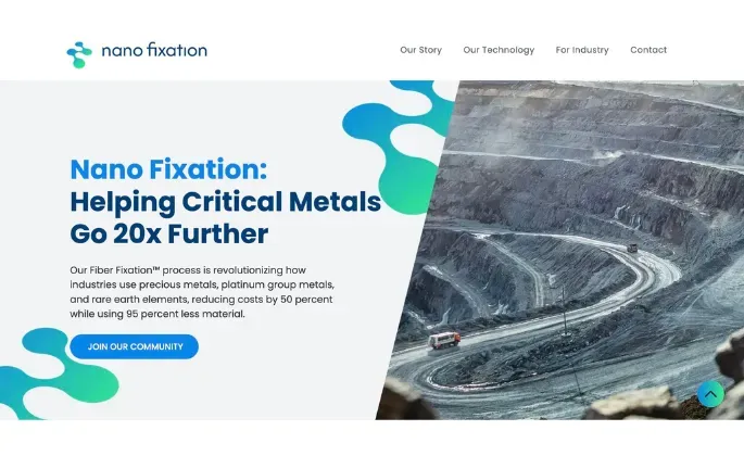 Website homepage featuring Nano Fixation logo and a mining quarry scene, with text about critical metal sustainability.