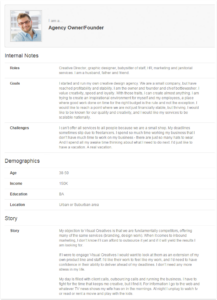 A customer profile with photo of a man and details on goals, challenges, demographics, and story.