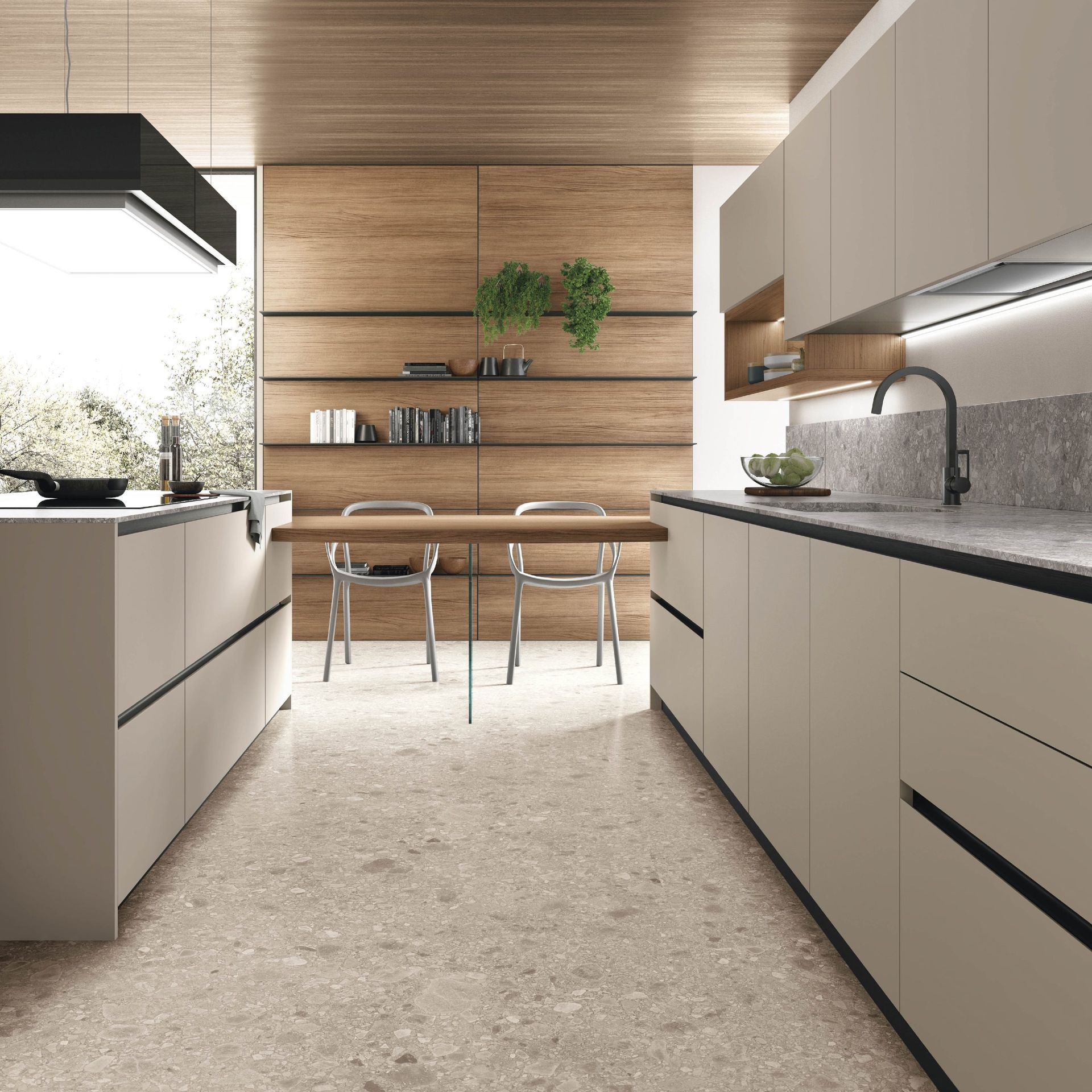 Cucina moderna con dettagli in legno, mobili neutri e tavolo da pranzo.