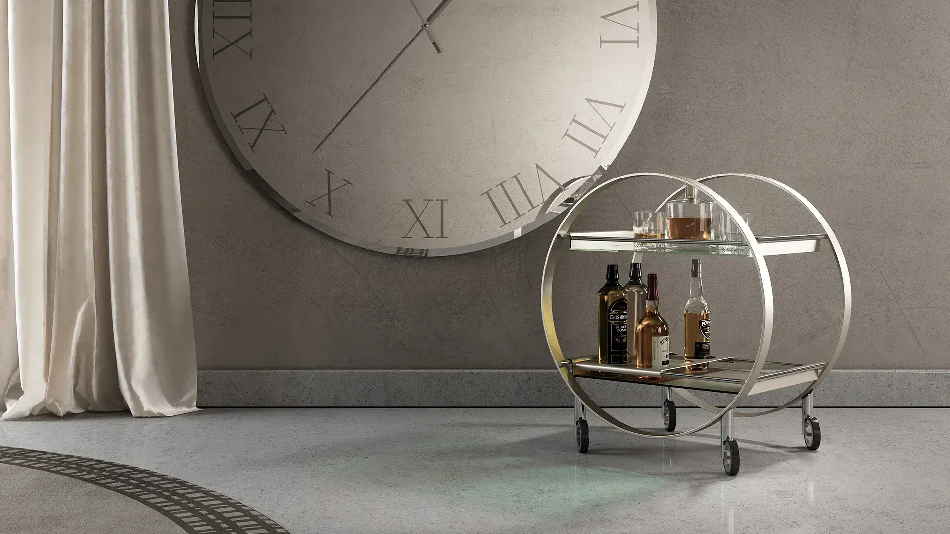Un carrello bar in argento con bottiglie e bicchieri è posizionato davanti a un grande orologio.