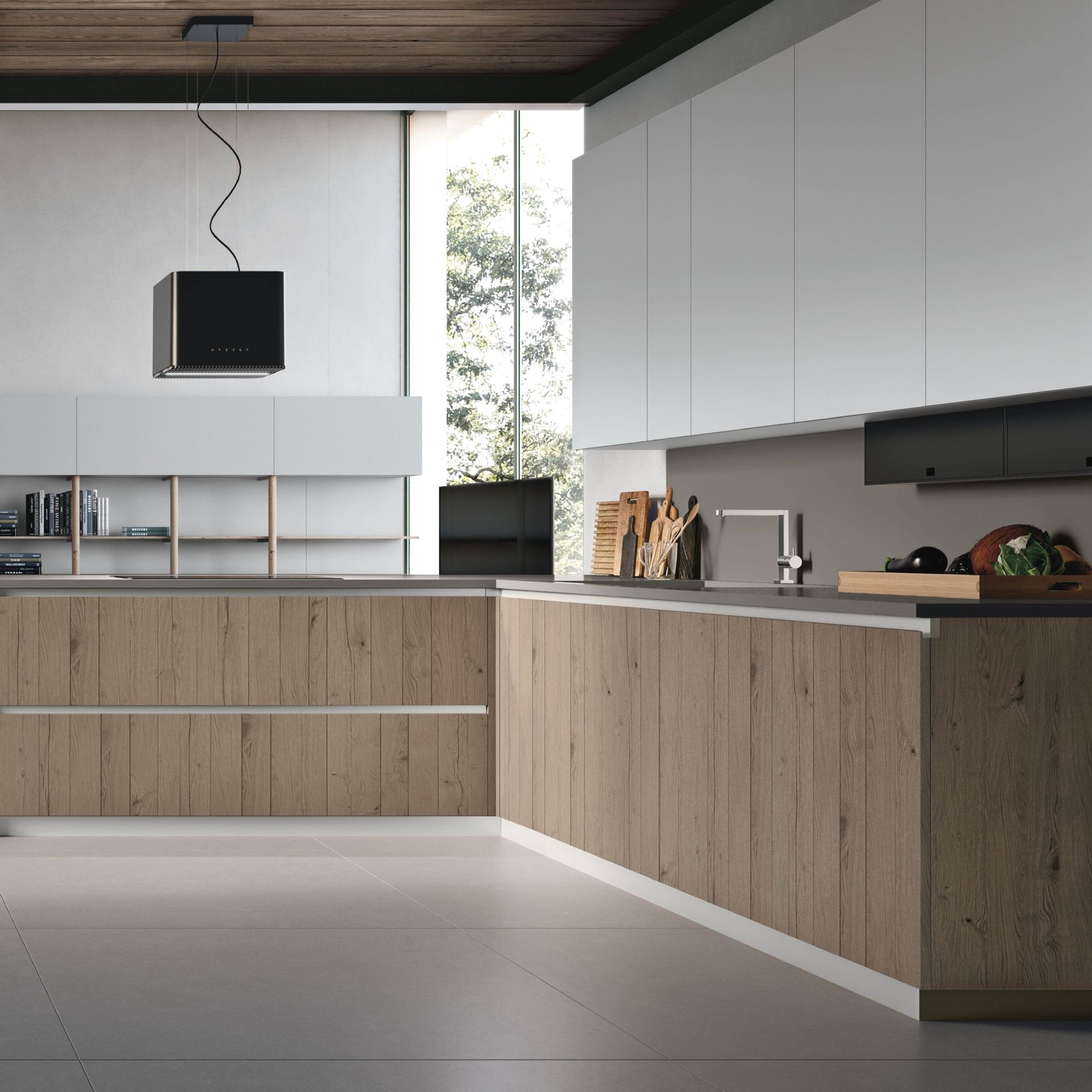 Cucina moderna con mobili effetto legno e pensili bianchi.