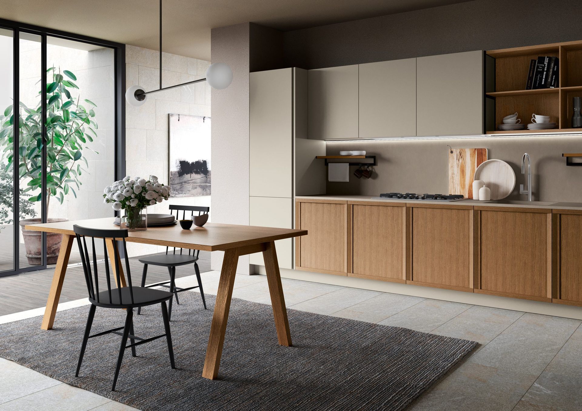 Cucina moderna con mobili in legno, tavolo e sedie nere, colori neutri.