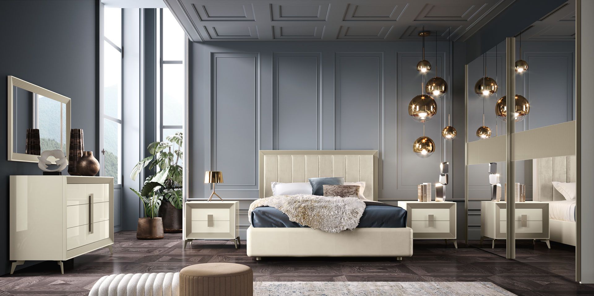 Una camera da letto moderna con mobili color crema, una grande finestra e luci decorative sospese.