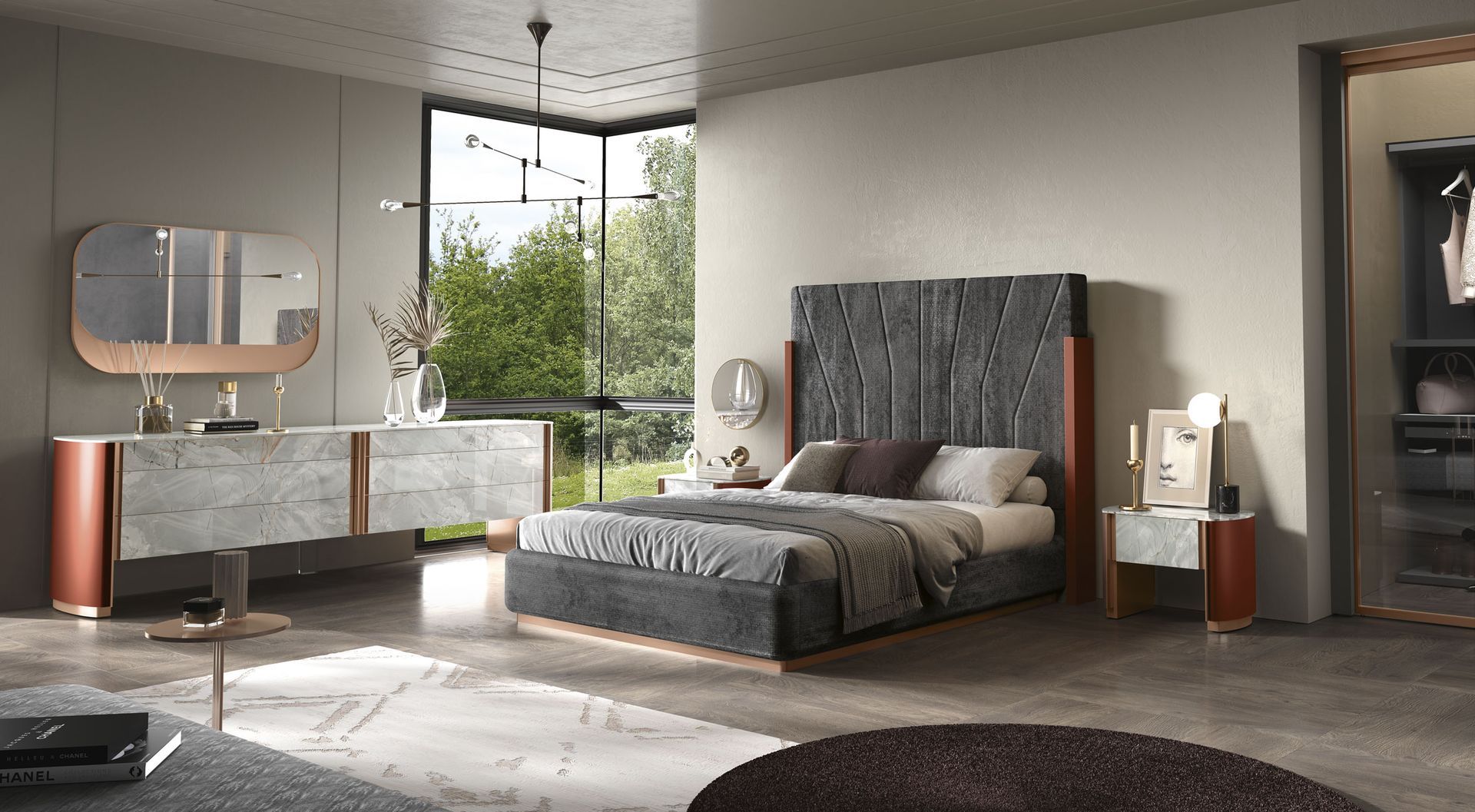 Camera da letto moderna con mobili grigi e rame, grande finestra con verde e letto grigio scuro.