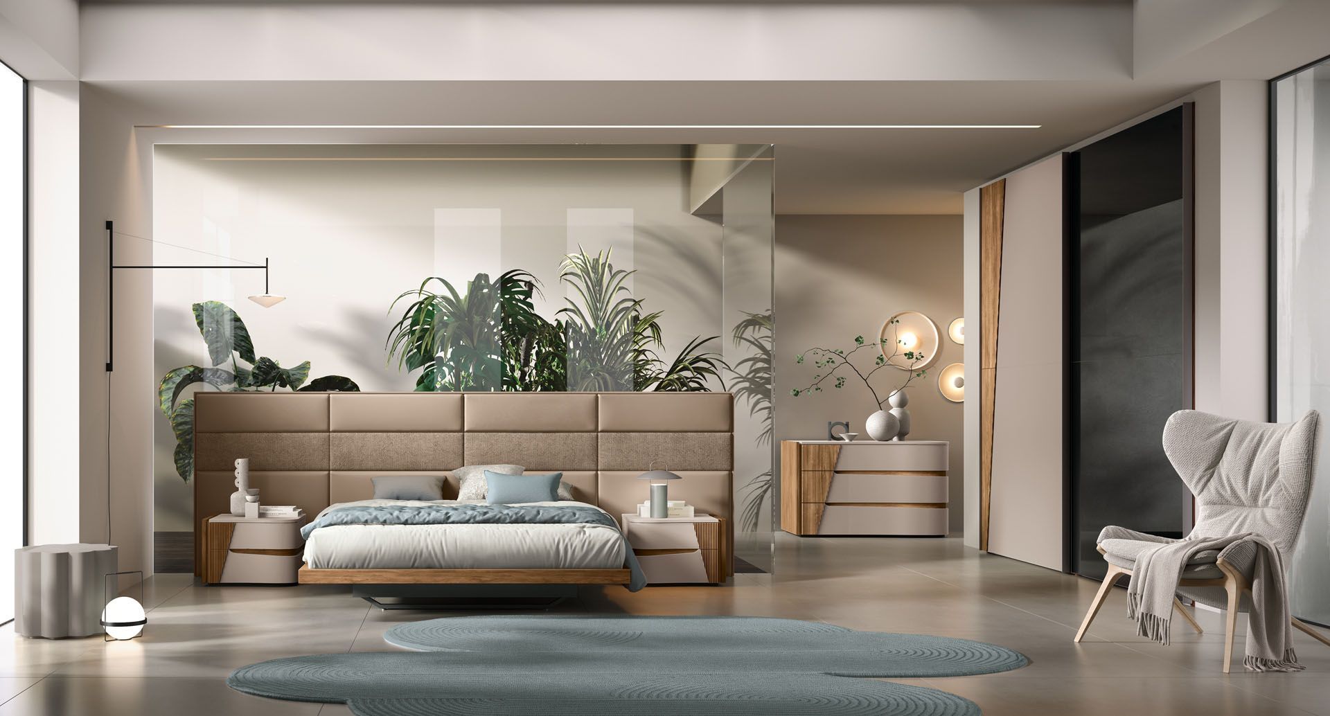Camera da letto moderna con letto, piante e sedia. Toni neutri, molta luce e un design minimalista.