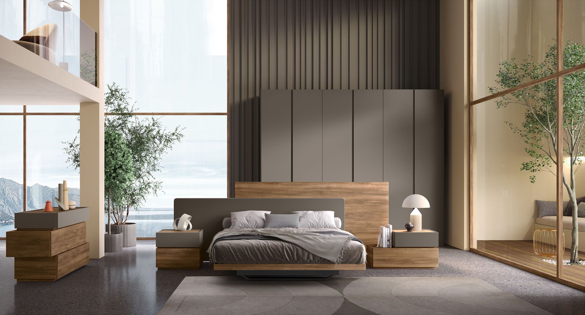 Camera da letto moderna con letto in legno, dettagli grigi e ampie finestre.