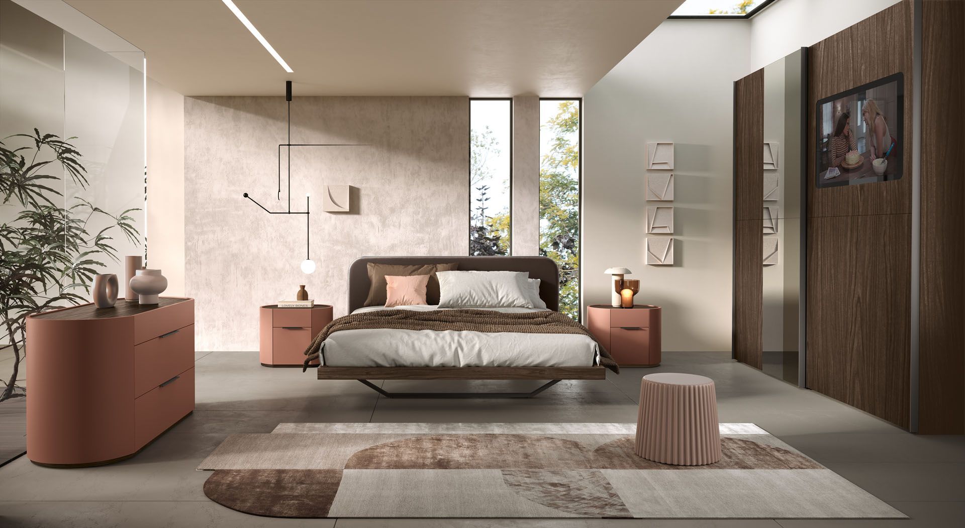 Camera da letto moderna con letto, cassettiera, comodini e tappeto in tonalità neutre.