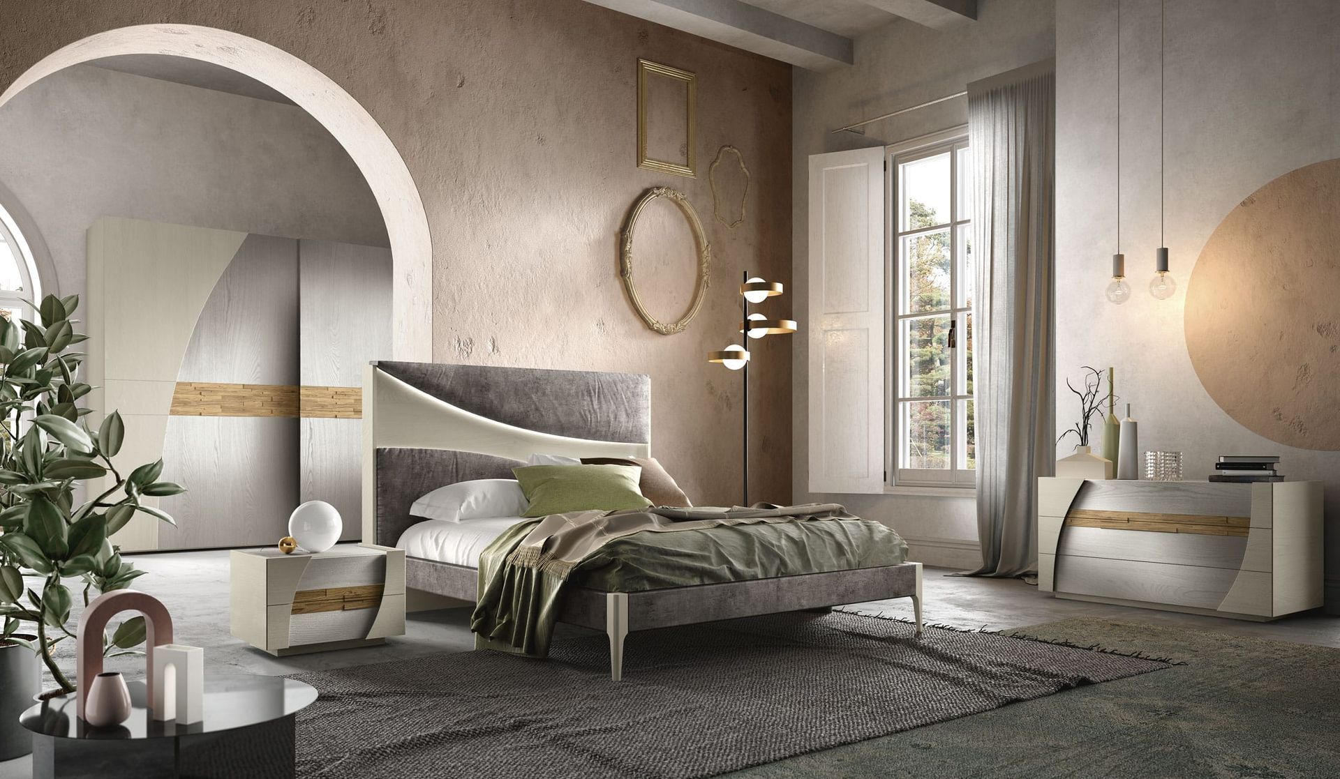 Camera da letto moderna con mobili color crema, tra cui un letto, un comodino, una cassettiera e un armadio contro una parete strutturata.