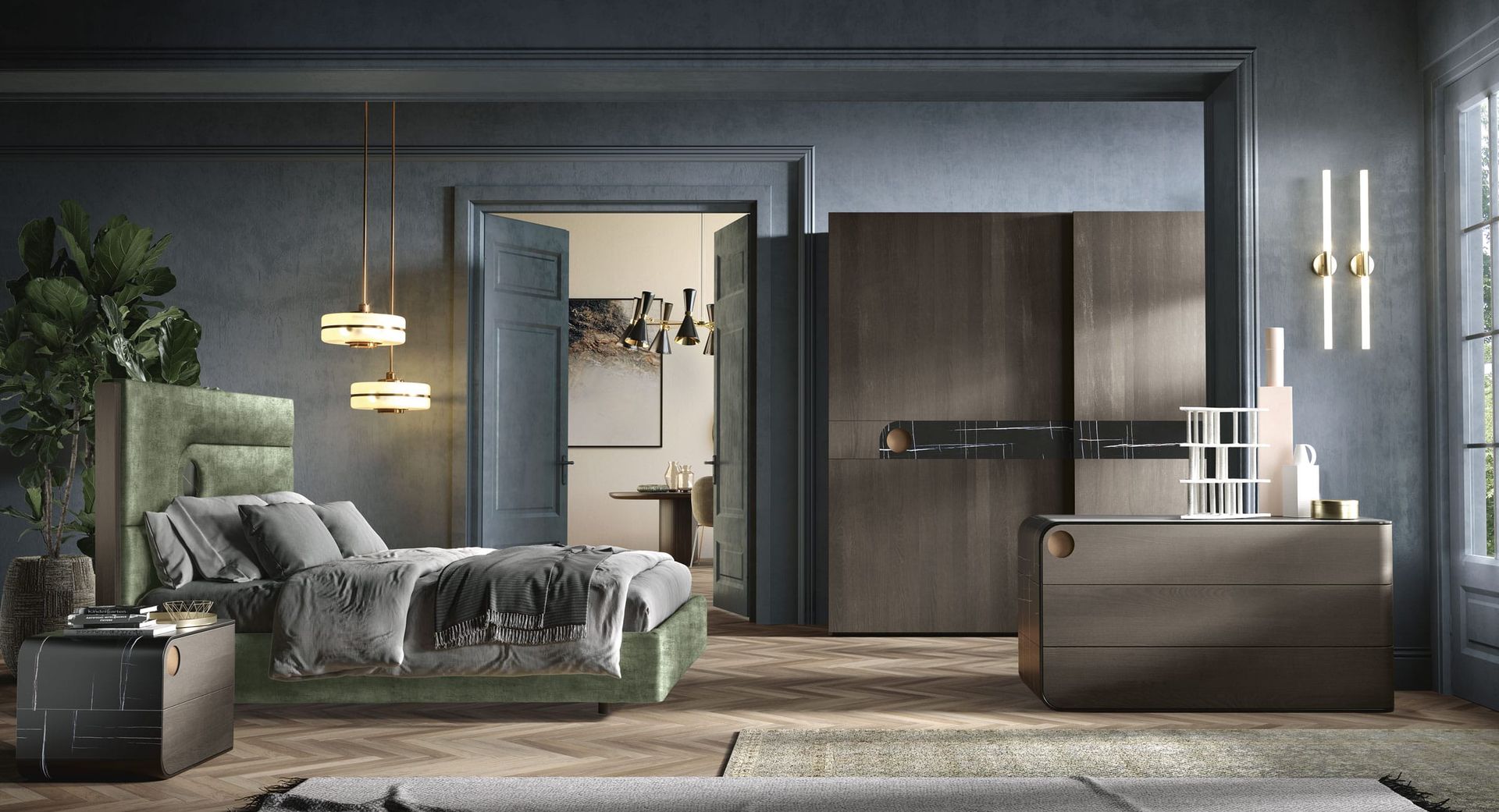 Elegante camera da letto con letto in velluto verde, dettagli in marmo e illuminazione moderna.