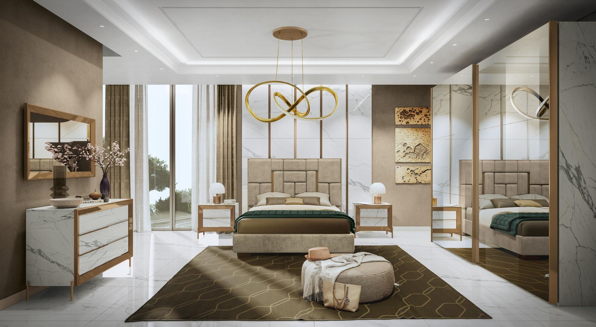 Lussuosa camera da letto nei toni del beige e dell'oro; dettagli in marmo, letto grande, specchi e lampadario moderno.