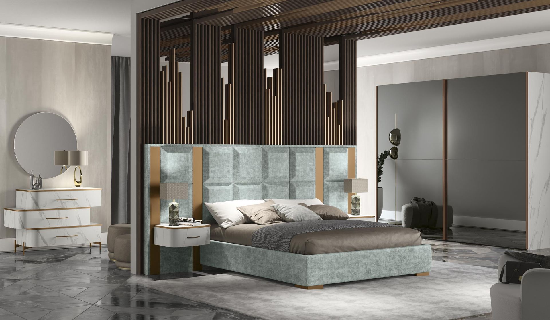 Camera da letto di lusso: letto con testiera verde acqua, dettagli in legno, cassettiera moderna con specchio rotondo e ampio armadio.