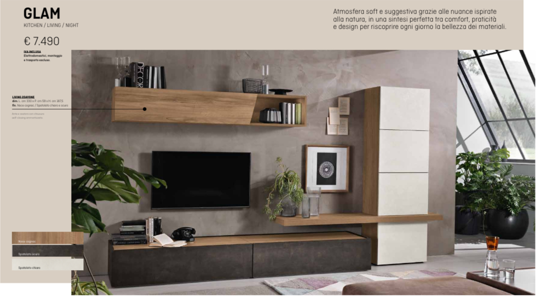 Set di mobili moderni per soggiorno con TV, mensole e contenitori in legno naturale e tonalità crema.