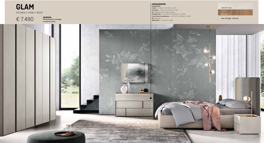 Arredamento moderno della camera da letto nei toni del grigio e del beige.