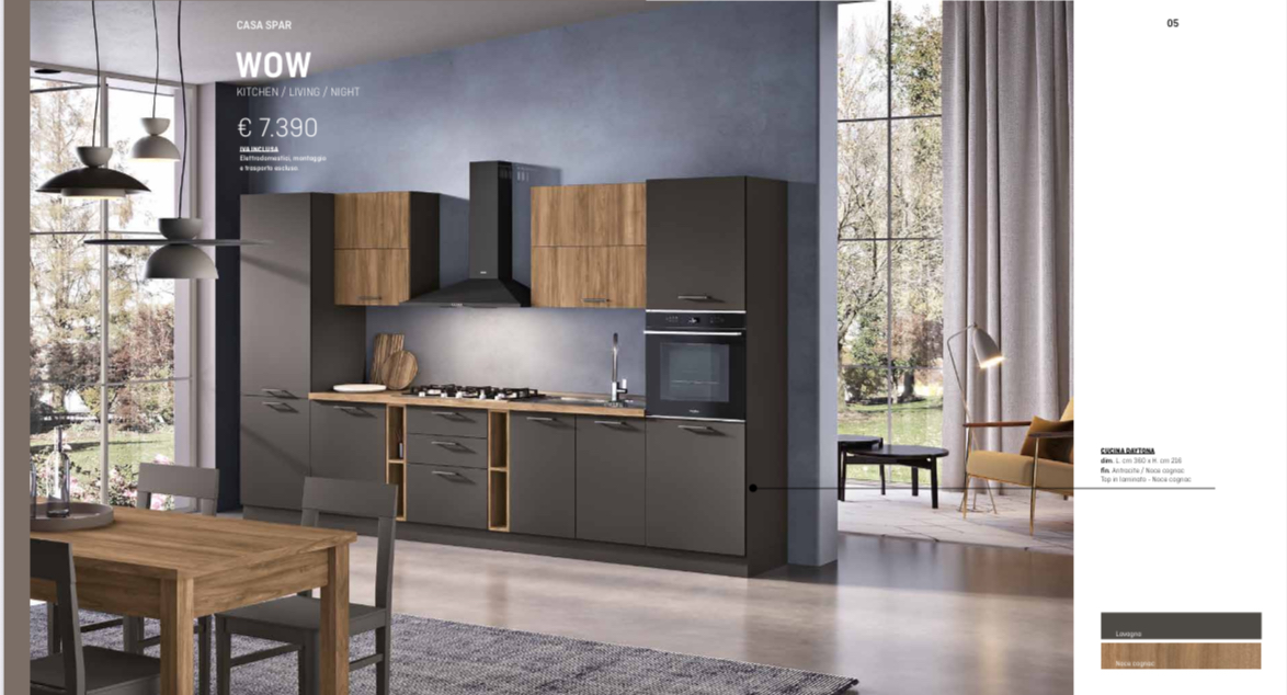 Cucina moderna con mobili grigi, dettagli in legno e forno. Tavolo da pranzo in primo piano.
