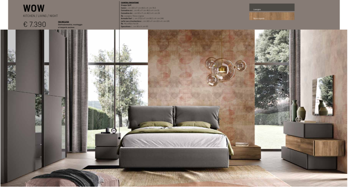 Camera da letto con letto grigio, cassettiera in legno, ampie finestre e armadio grigio.