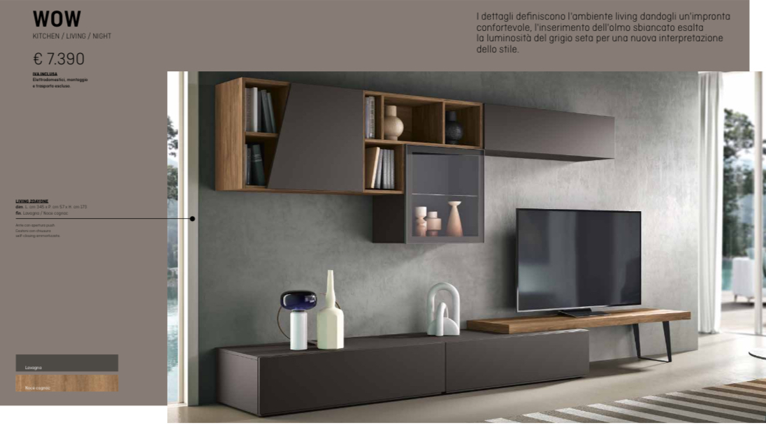 Arredamento moderno per il soggiorno con una combinazione di colori grigio scuro e legno.