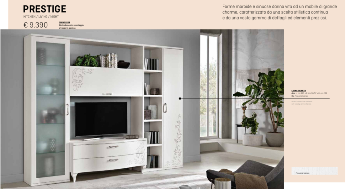 Set di mobili bianchi per soggiorno. Include mobile con ante in vetro, mobile porta TV, ripiani e contenitori.