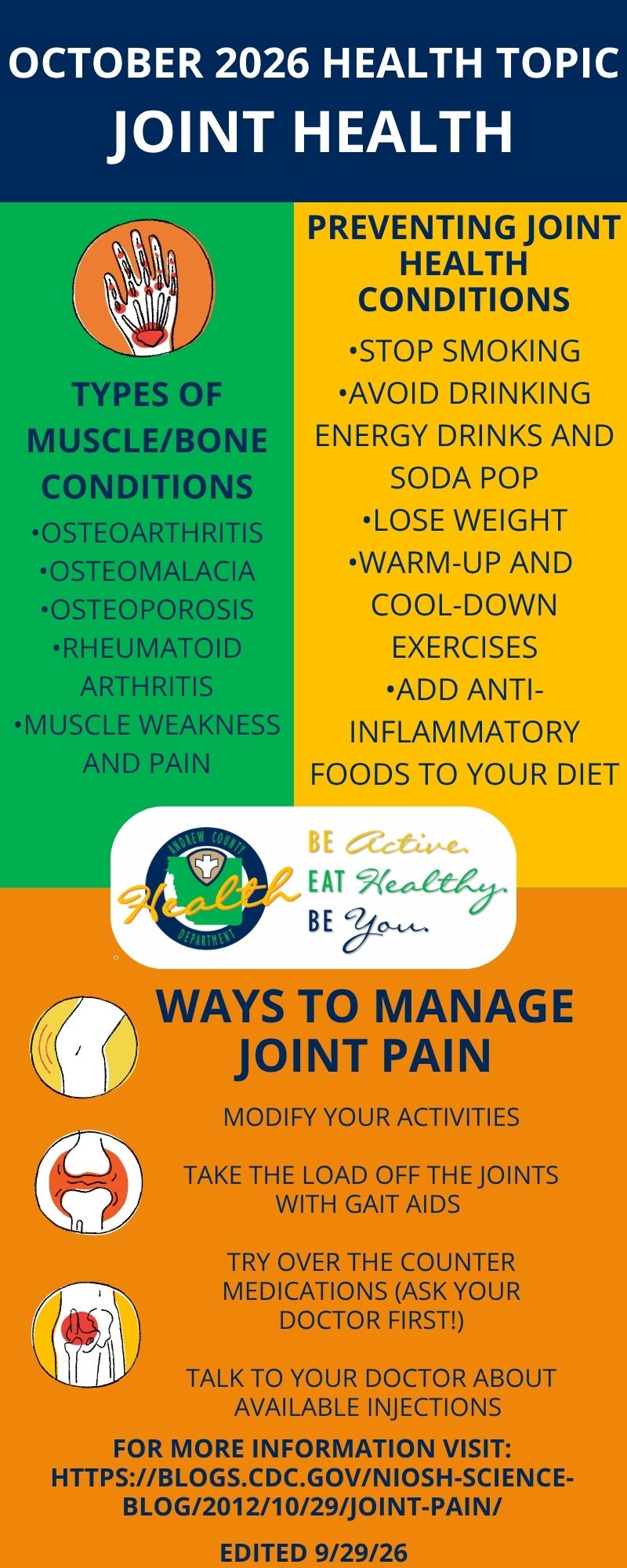 An educational graphic about the October 2026 topic: Joint Health
