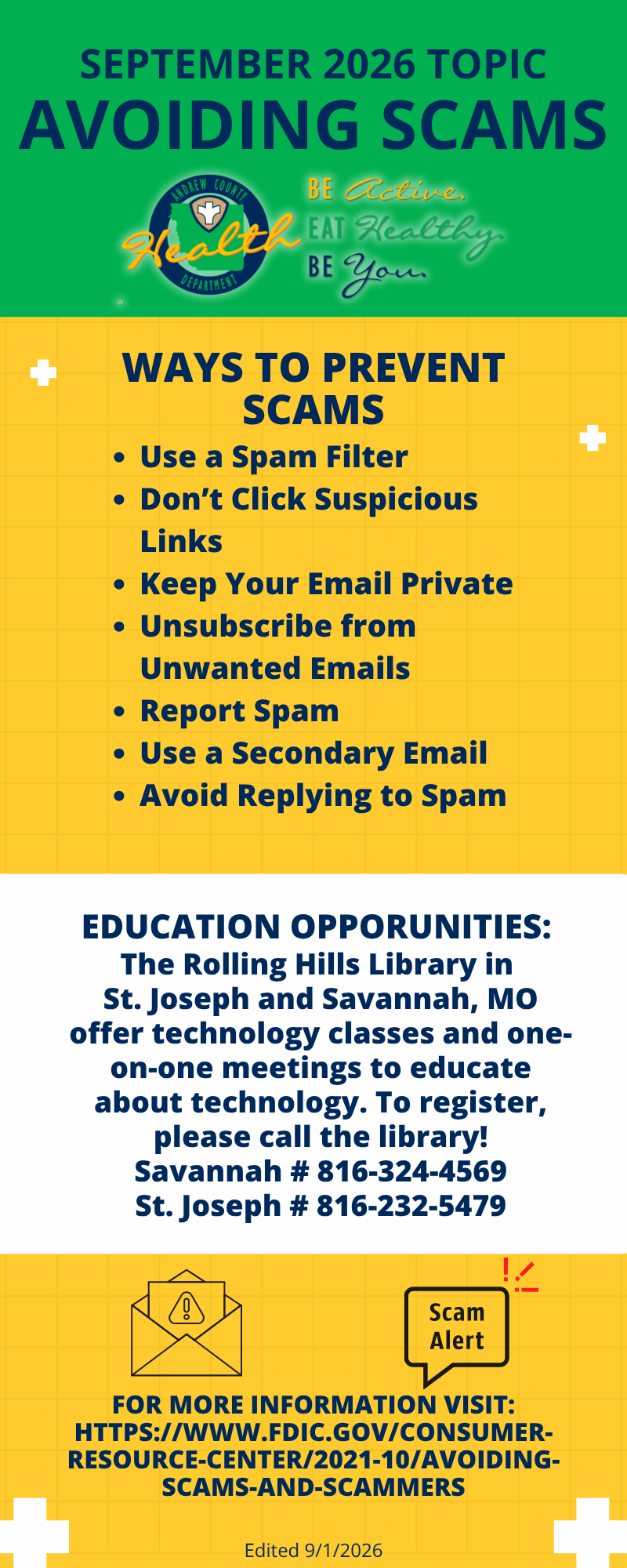 An educational graphic about the September 2026 topic: Avoiding Scams