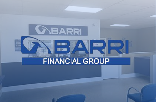 The barri financial group logo is on a glass wall