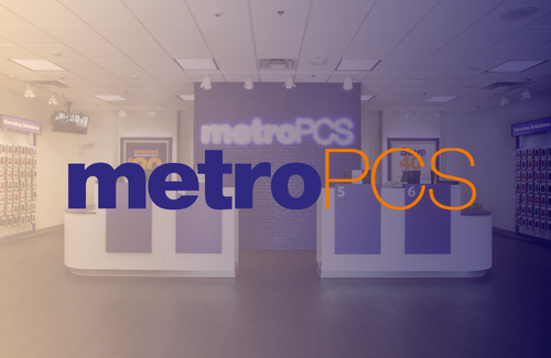 A metropcs store with a purple sign on the wall.