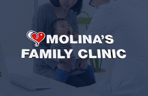 The logo for molina 's family clinic shows a woman holding a baby.