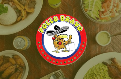 A pollo bravo logo is surrounded by plates of food