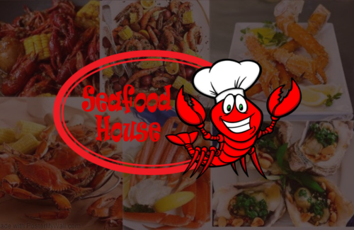 A cartoon lobster wearing a chef 's hat is surrounded by plates of food for seafood house