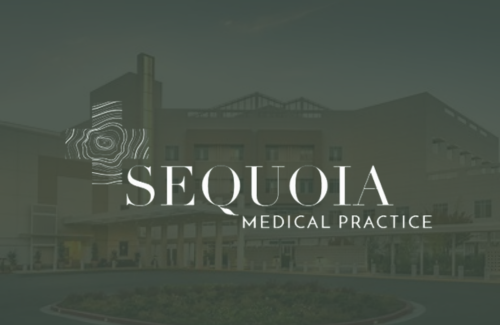 A sequoia medical practice logo with a building in the background