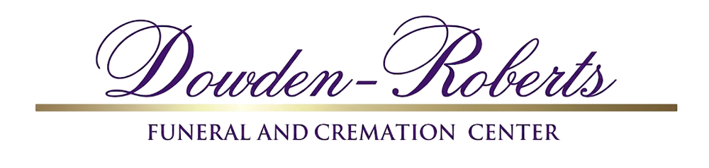 Douden-Roberts Funeral and Cremation Center logo in purple cursive with gold line on white background