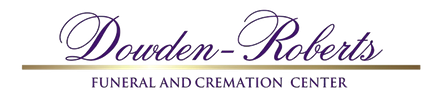 Douden-Roberts Funeral and Cremation Center logo in purple cursive with gold line on white background