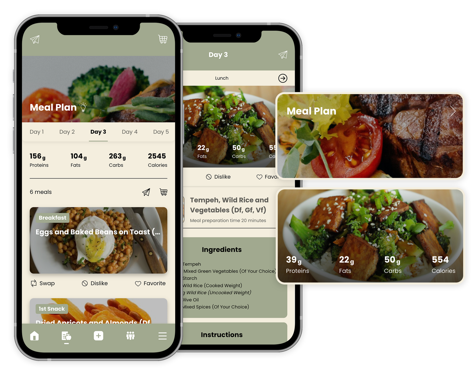 A couple of cell phones displaying a meal plan app.