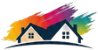 Due case stilizzate con tetti scuri sopra una linea curva, su uno sfondo colorato a pennellate arcobaleno.