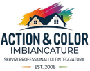 Logo con case stilizzate e vernice arcobaleno, con le scritte “Action & Color Imbiancature” e “Servizi Professionali di Tintura”