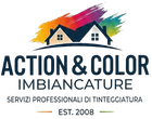 Logo con case stilizzate e vernice arcobaleno, con le scritte “Action & Color Imbiancature” e “Servizi Professionali di Tintura”