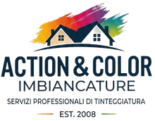 Logo con case stilizzate e vernice arcobaleno, con le scritte “Action & Color Imbiancature” e “Servizi Professionali di Tintura”