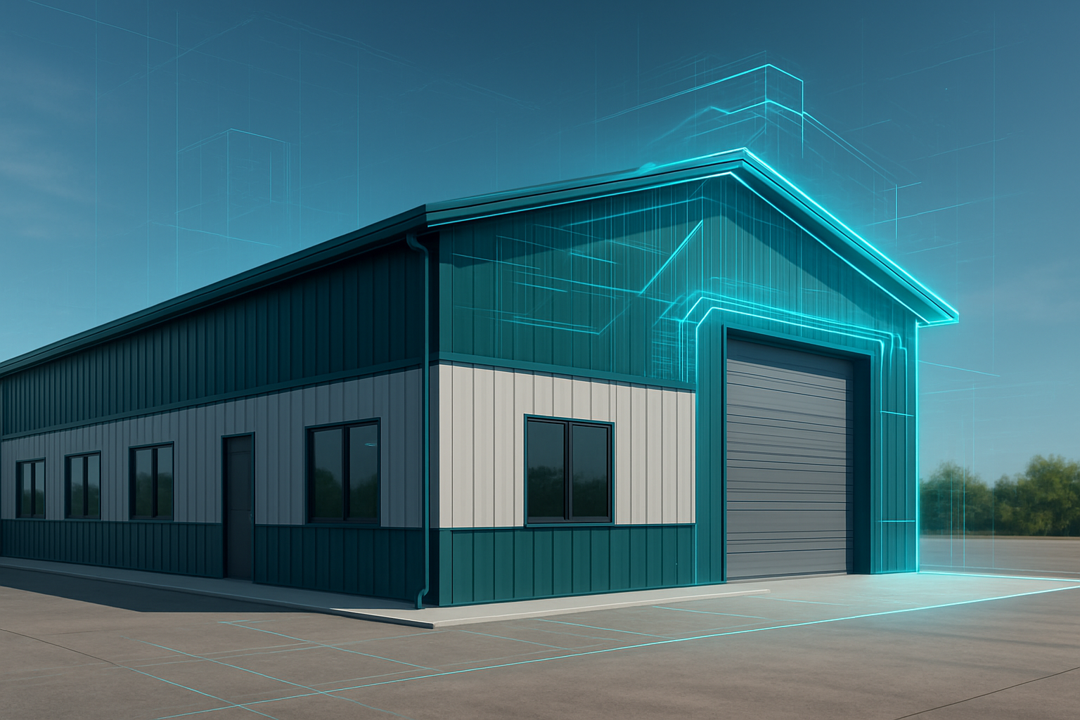 Modern teal-and-gray pre-engineered metal building with digital blueprint-style overlays