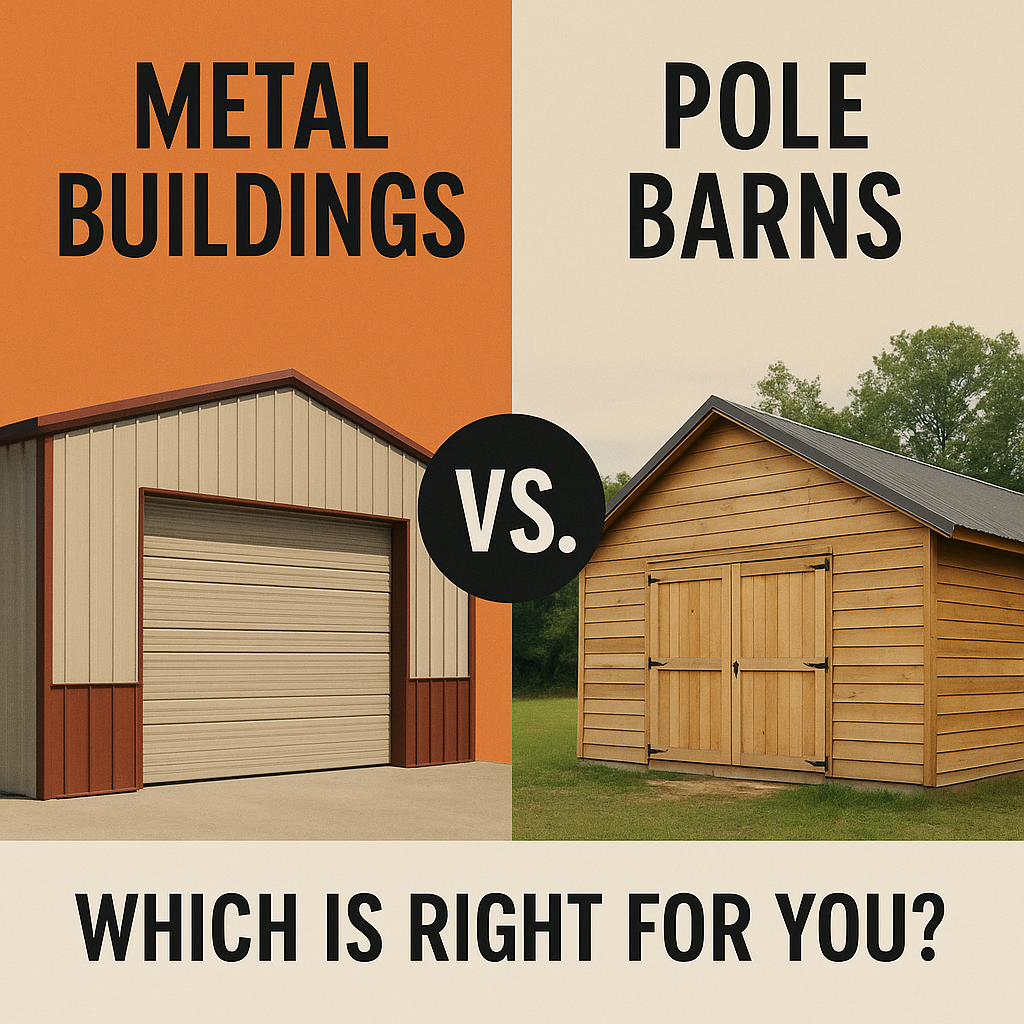 Comparison of a metal building and a pole barn, highlighting structure, materials, and design differ
