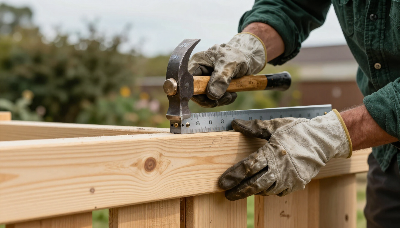 photorealistic close up of a carpenter installing a fence panel with precision tools professional workmanship