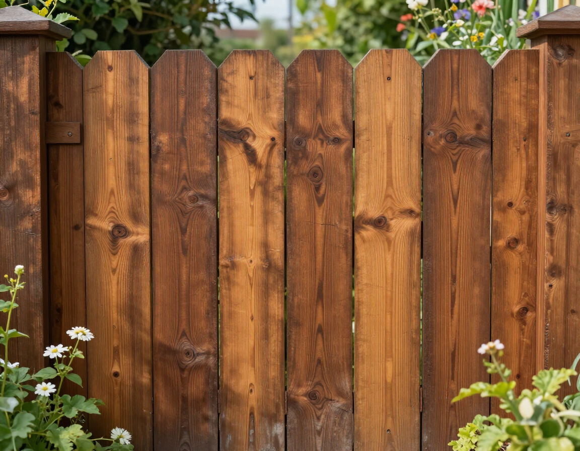 photorealistic rustic garden setting with a high quality timber fence showcasing wood grain textures