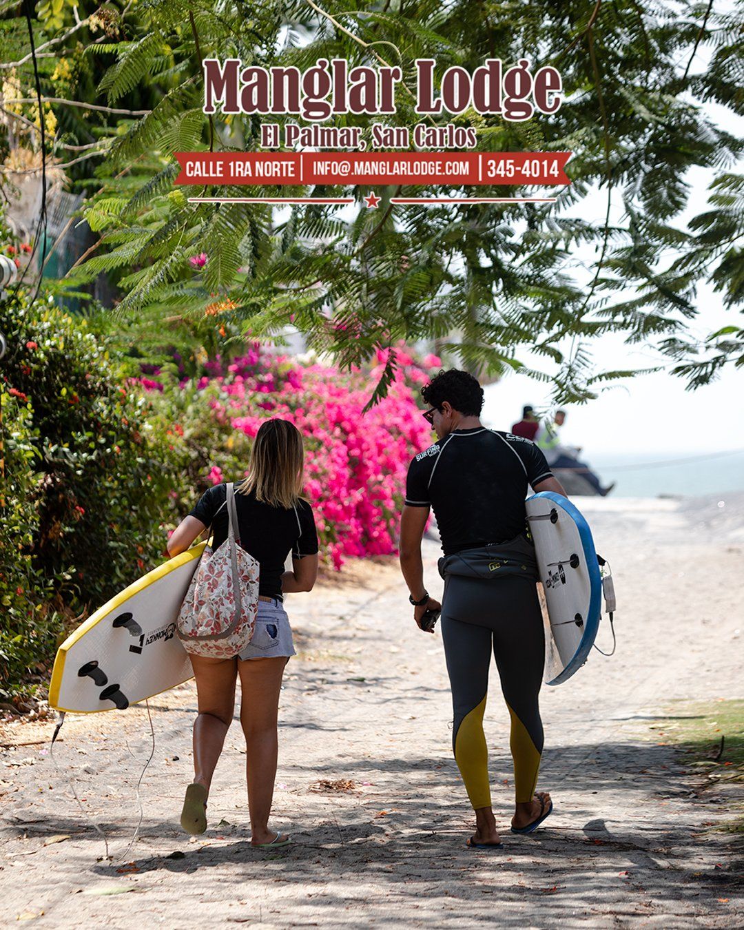 Surfers walking to El Palmar Beach near Manglar Lodge Panama