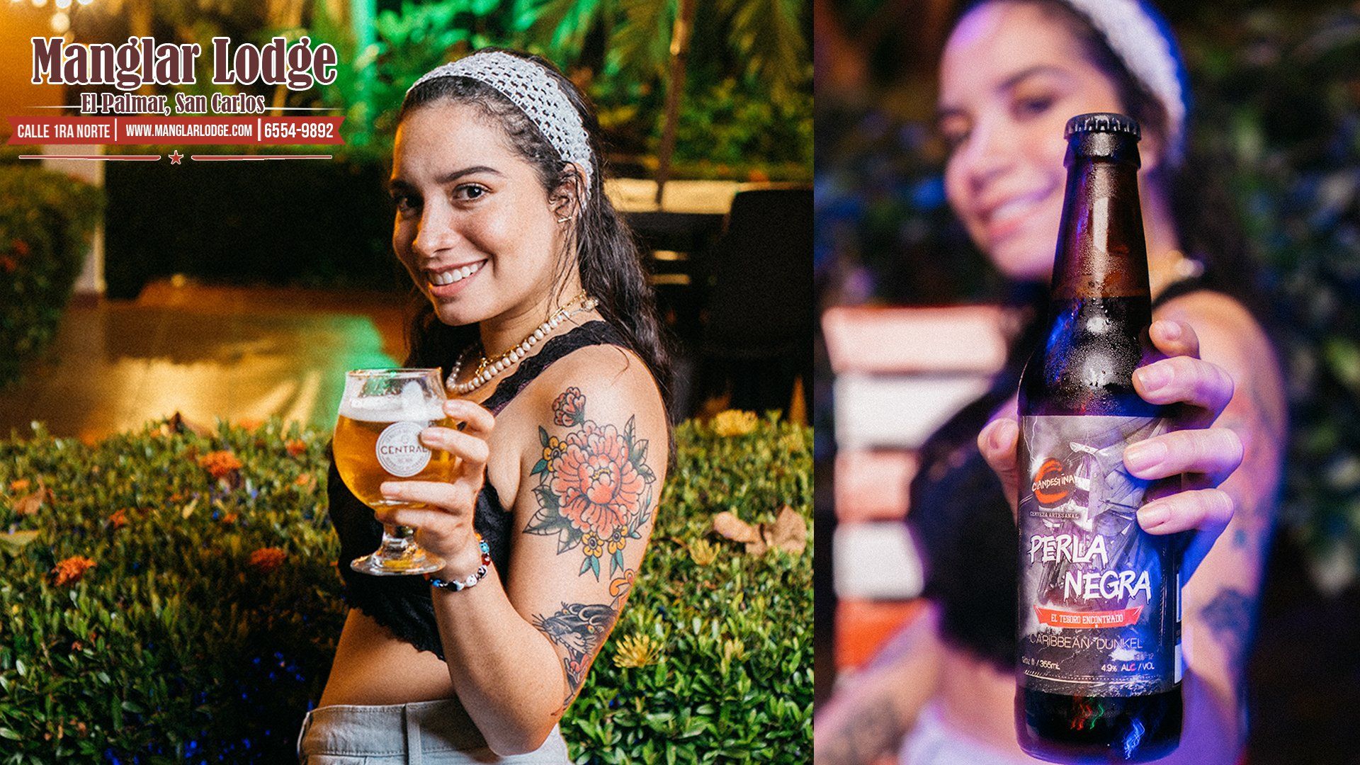Guest enjoying craft beer at Manglar Lodge restaurant in El Palmar Panama