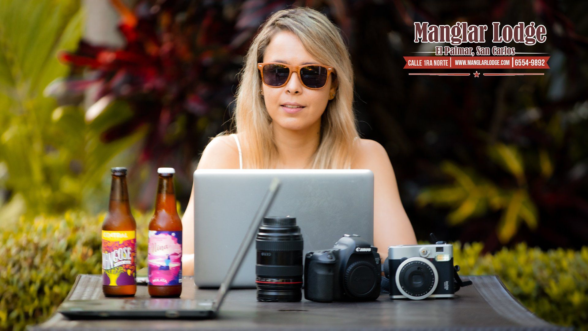 Traveler working remotely at Manglar Lodge beach hotel in El Palmar Panama